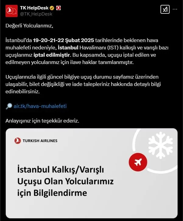 THY'nin açıklaması (Sosyal medya hesabı)