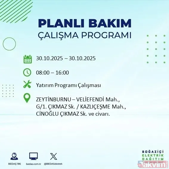 30 Ekim 2025 İstanbul'da elektrik kesintisi yaşanacak ilçeler