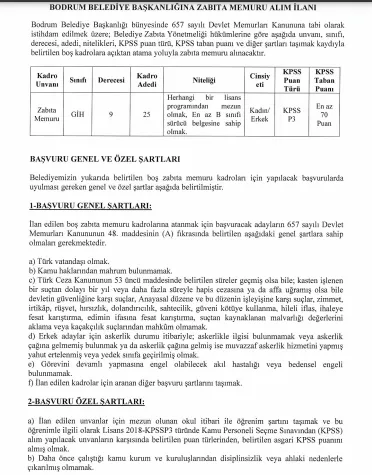 5 Ekim zabıta alım ilanları - 4000 TL ve 4.500 TL maaşla belediyelere zabıta memur alımı yapılıyor-3