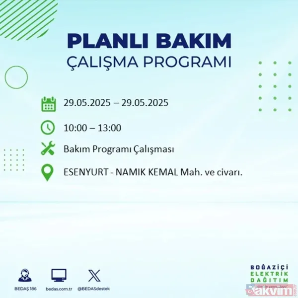 Bedaş 29 Mayıs İstanbul Elektrik Kesintisi