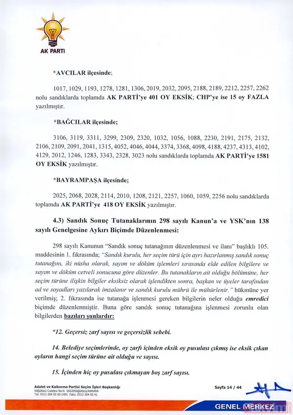 Avcılar'da 14 Sandıkta Toplam Ak Parti'ye 401 Oy Eksik, Chp'ye İse 15 Oy Fazla Yazıldığı, Bağcılar'da 35 Sandıkta Toplamda Ak Parti'ye Bin 581 Oyun Eksik...