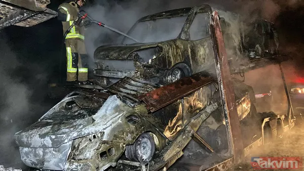 Alev alev yandılar! TIR'ın dorsesinde bulunan sıfır araçlar küle döndü - 8