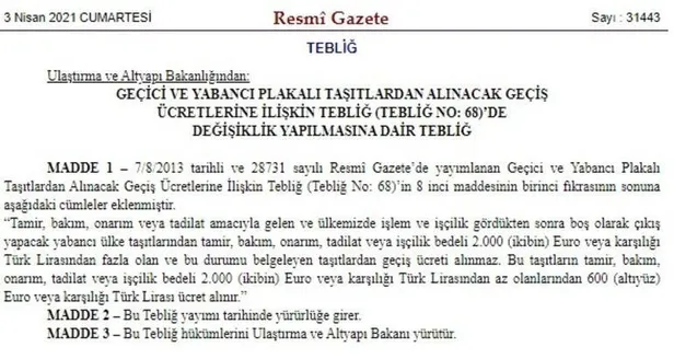 Yurt dışından bakım ve tamire gelen otomobiller için yeni karar! Resmi Gazete'de yayımlandı!-1