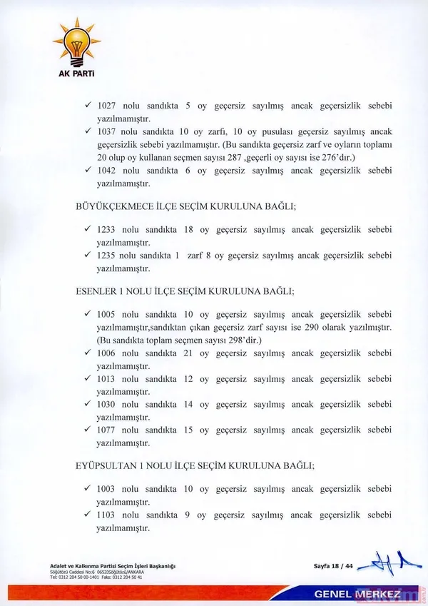 - Örnekler Dilekçede, Ataşehir, Avcılar, Bağcılar, Ümraniye'de Bazı Geçersiz Oyların Geçersizlik Sebebinin Yazılmadığı, Başakşehir'de Geçersiz Oylardan 72'Sinin...