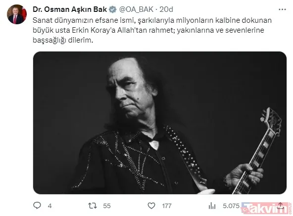 Gençlik Ve Spor Bakanı Osman Aşkın Bak: Sanat Dünyamızın Efsane İsmi, Şarkılarıyla Milyonların Kalbine Dokunan Büyük Usta Erkin Koray'a Allah'tan Rahmet;...