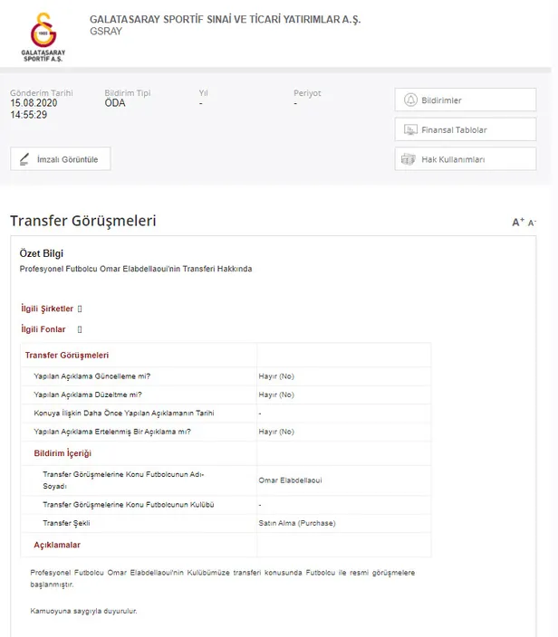 Galatasaray son dakika haberi! Galatasaray Omar Elabdellaoui transferini KAP'a bildirdi-2