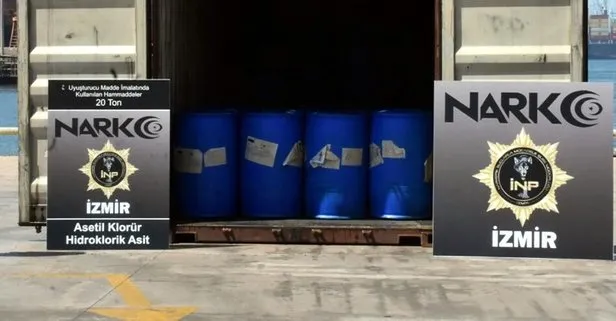 İzmir’de uyuşturucu imalatında kullanılan 26 ton 160 kilogram asetil klorür hidrolik asit ele geçirildi
