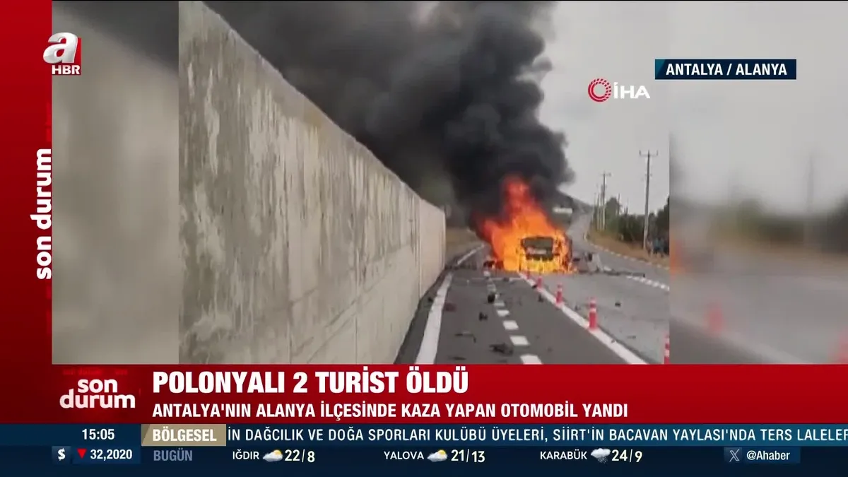 Antalya Alanya trafik kazası haberi: İstinat duvarına çarpıp alev alan otomobildeki Polonyalı 2 turist öldü
