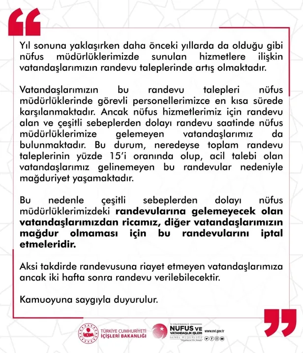 Nüfus ve Vatandaşlık İşleri Genel Müdürlüğü'nden kritik uyarı: İptal etmeyen iki hafta sonra alabilecek!-1