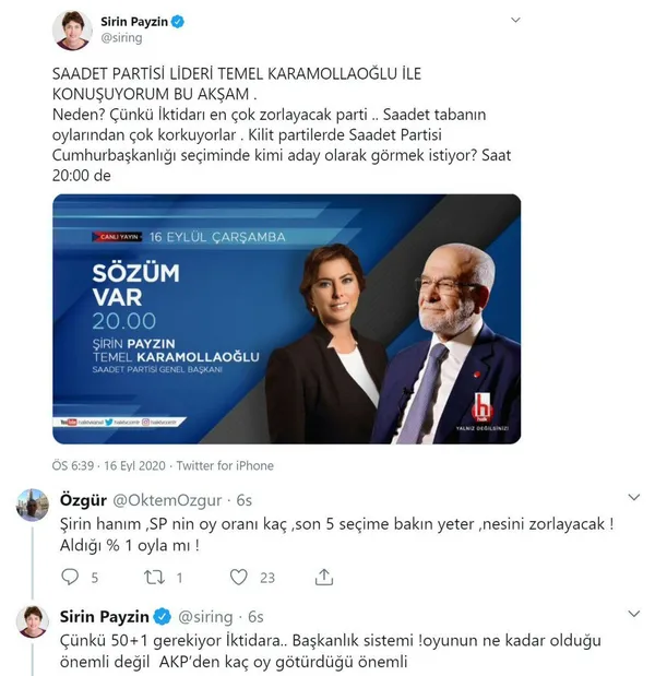 Şirin Payzın'dan sosyal medyada tartışma yaratan paylaşım: Saadet'in oyu değil AK Parti'den ne kadar götürdüğü önemli-1