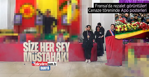 Fransa'da rezalet görüntüler! Ahmet Kaya Kültür Merkezi'nde öldürülen 3 kişinin cenaze töreninde PKK ve Öcalan posterleri