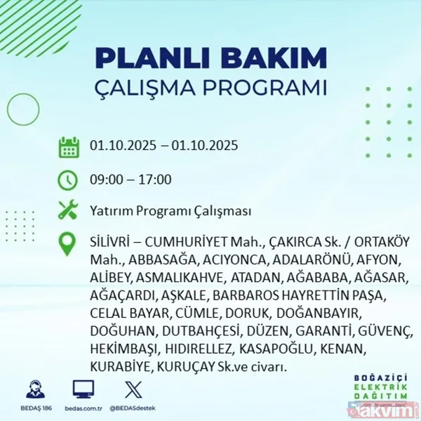 🔴1 Ekim 2025 İstanbul'da Elektrik Kesintisi Yaşanacak İlçeler