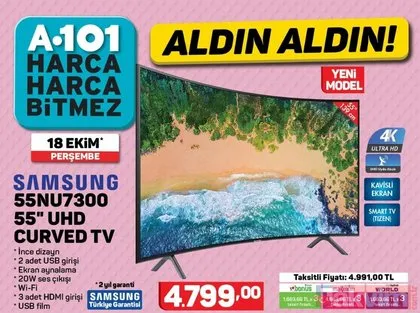 A101 aktüel ürünler kataloğu! 18 Ekim A101 indirimli ürünler listesi: Samsung UHD Curved TV fırsatı...
