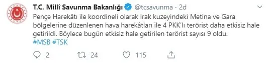 Son dakika: MSB duyurdu! Kuzey Irak'a hava harekatı: 9 terörist etkisiz hale getirildi-1