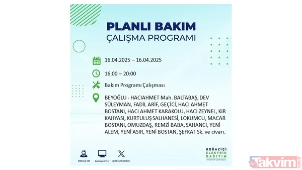 16 Nisan 2025 Bedaş İstanbul Elektrik Kesintisi