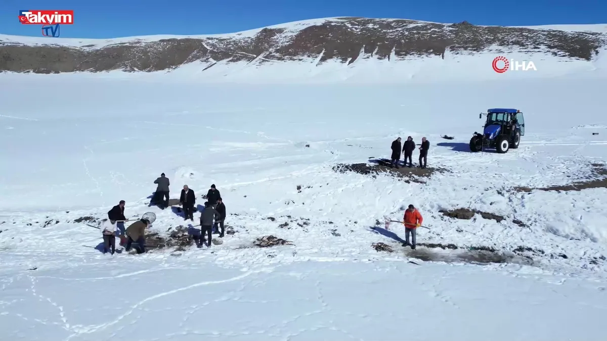Buz tutan gölette ‘Eskimo’ usulü balık avı