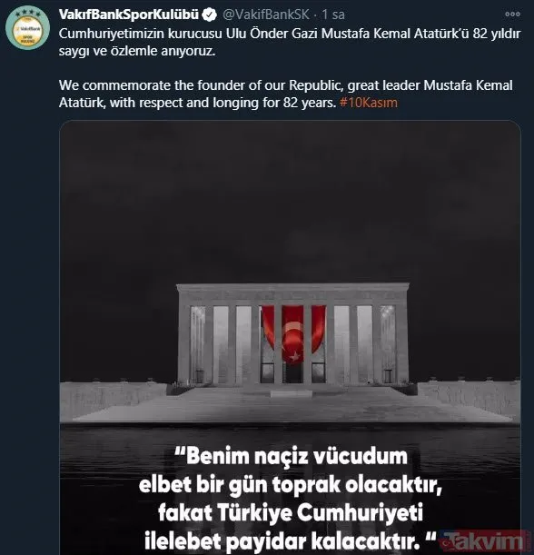 Spor camiası 10 Kasım'da tek ses oldu, Mustafa Kemal Atatürk'ü andı! İşte paylaşımlar