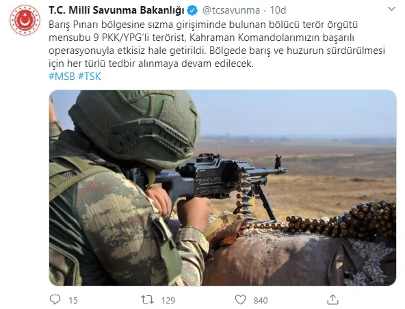 Son dakika: MSB duyurdu: Barış Pınarı bölgesine sızma girişimindeki 9 terörist etkisiz hale getirildi!-1