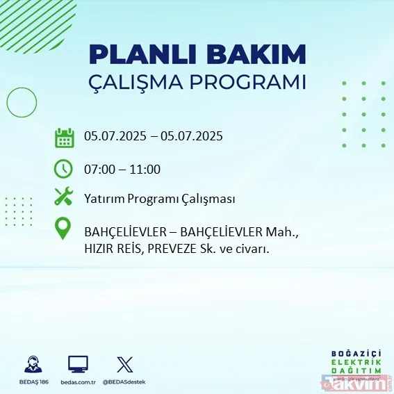 ↪5 Temmuz Cumartesi İstanbul Elektrik Kesintisi