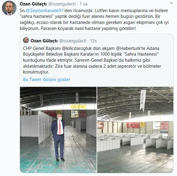 CHP’li Adana Büyükşehir Belediyesi Başkanı Zeydan Karalar sahra hastanesini göstermiyor! AK Parti’den Kılıçdaroğlu ve Karalar’a sert eleştiri