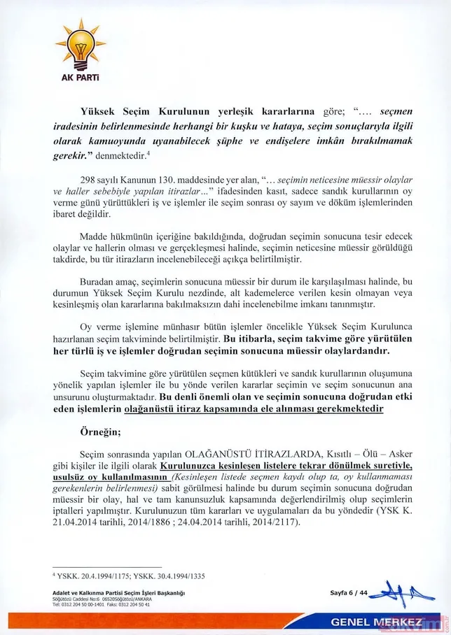 İÅte  AK Parti İstanbul seçimlenin iptali için YSK'ya verdiÄi 44 sayfalık olaÄanüstü itiraz dilekçesi