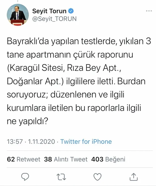 İzmir’deki yıkıcı deprem sonrası Bayraklı’da yıkılan binalarla ilgili CHP’li yöneticiler birbirleriyle çelişti