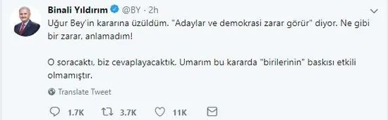 Uğur Dündar’ın çekilme kararına Binali Yıldırım’dan yanıt