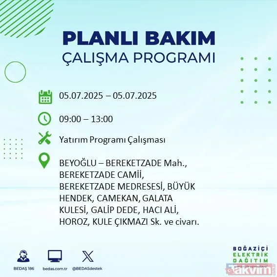 ↪5 Temmuz Cumartesi İstanbul Elektrik Kesintisi
