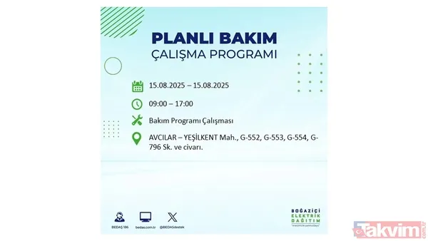 (15 Ağustos Cuma Günü İstanbul'da Elektrik Kesintisi Yaşanacak Noktalar Ve Saat Aralıkları)