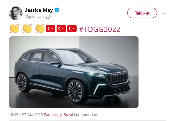 Brezilyalı oyuncu Jessica May'den yerli otomobil paylaşımı!-1