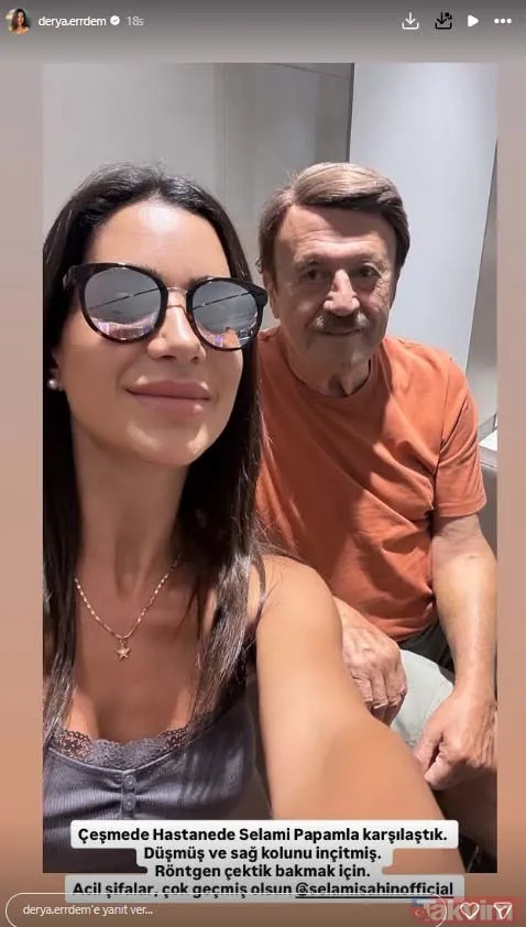 Erdem paylaşımında şu ifadelere yer verdi: "Çeşme'de hastanede karşılaştık. Düşmüş ve sağ kolunu incitmiş. Röntgen çektik bakmak için. Acil şifalar, çok...