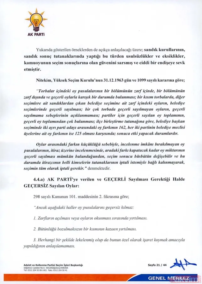 İÅte  AK Parti İstanbul seçimlenin iptali için YSK'ya verdiÄi 44 sayfalık olaÄanüstü itiraz dilekçesi