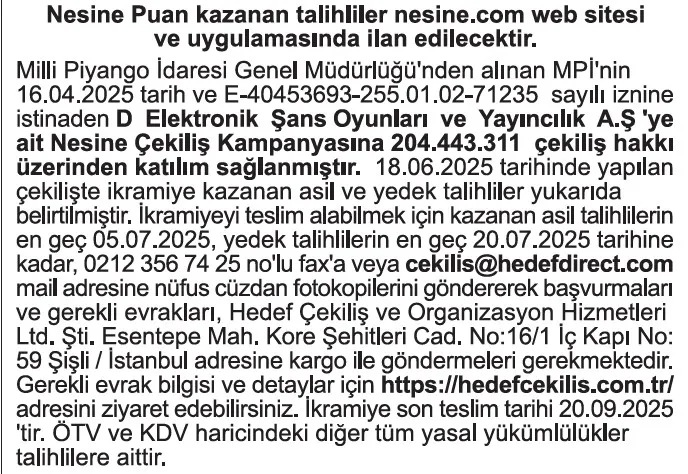Nesine çekiliş sonuçları açıklandı (Takvim Gazetesi)