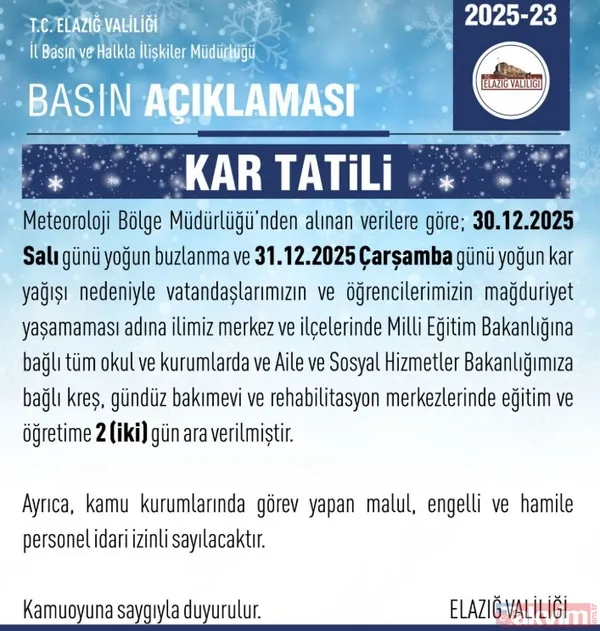 Elazığ: En Uzun Tatil Haberi Buradan Geldi; Yoğun Kar Beklentisi Nedeniyle Okullar 30-31 Aralık Tarihlerinde 2 Gün Boyunca Kapalı Olacak.
