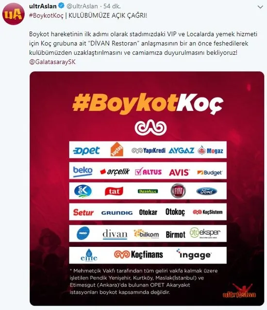 Galatasaray taraftar grubu ultrAslan'dan Koç'a boykot kararı!-2