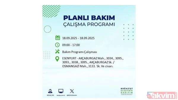 🔴18 Eylül Perşembe Günü Elektrik Kesintisi Yaşanacak İlçeler