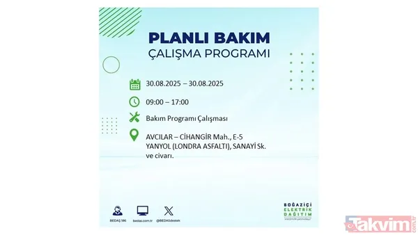 🔵30 Ağustos 2025 Cumartesi günü İstanbul'da elektrik kesintisi yaşanacak ilçeler