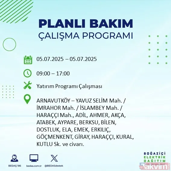 ↪5 Temmuz Cumartesi İstanbul Elektrik Kesintisi