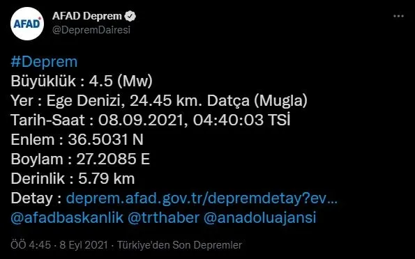 Son dakika: Muğla'nın Datça ilçesi açıklarında 4.5 büyüklüğünde deprem-1