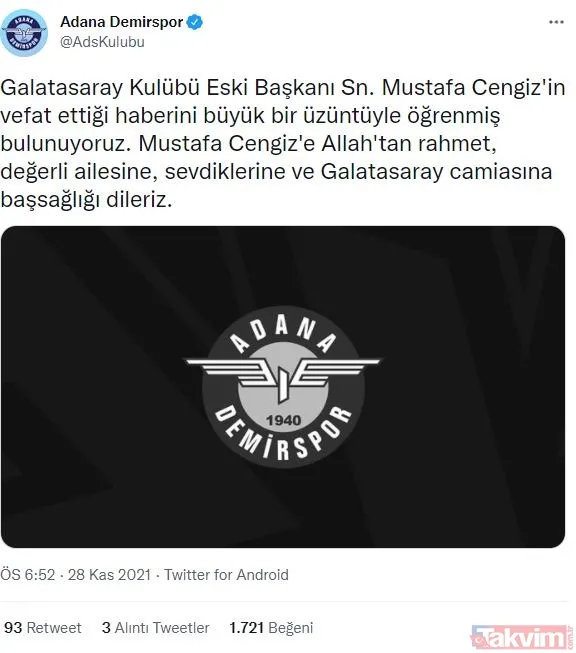 Eski Galatasaray Başkanı Mustafa Cengiz hayatını kaybetti! Spor dünyası tek yürek: Peş peşe taziye mesajları - 22