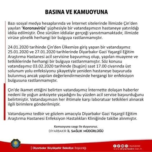 Diyarbakır İl Sağlık Müdürlüğünden ’koronavirüs’ iddialarına yalanlama