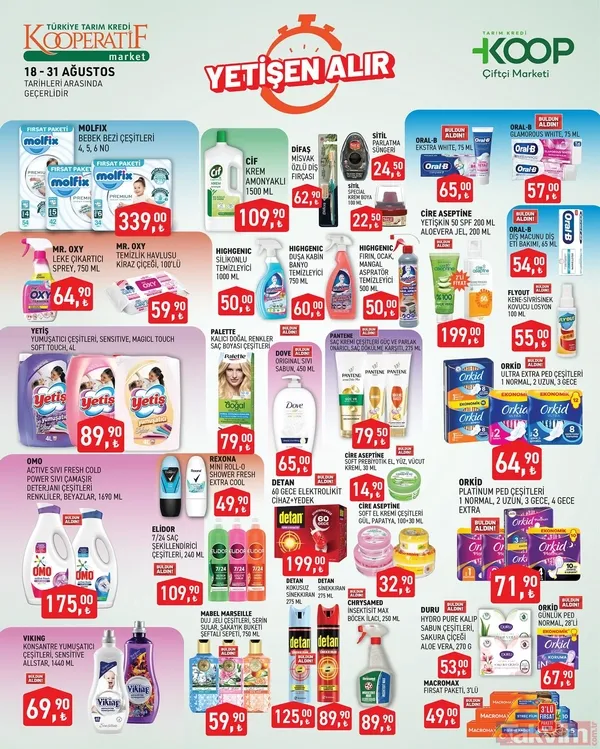 KOOP MARKET'TE YETİŞEN ALIR Molfix Fırsat Paketi (Bebek Bezi Çeşitleri): 339,00 TL Cif Krem Limonlu 1500 ml: 109,90 TL Cif Fırçalı Sprey: 62,90 TL Sili...