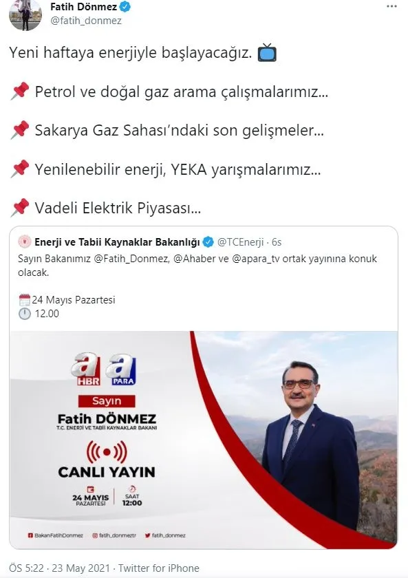 enerji-ve-tabii-kaynaklar-bakani-fatih-donmez-a-habere-konuk-oluyor-yeni-haftaya-enerjiyle-baslayacagiz-1621785112056.jpg Enerji ve Tabii Kaynaklar Bakanı Fatih Dönmez A Haber'e konuk oluyor: Yeni haftaya enerjiyle başlayacağız-1