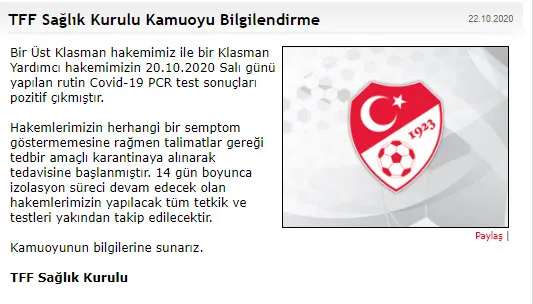 Türkiye Futbol Federasyonu'ndan son dakika açıklaması: 2 hakemin koronavirüs testi pozitif-2