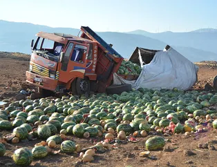 Kamyon şarampole devrildi! Tonlarcası etrafa saçıldı