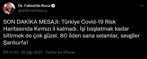 Son dakika: Sağlık Bakanı Fahrettin Koca duyurdu! 'Covid-19 Risk Haritasında Kırmızı il kalmadı'-1