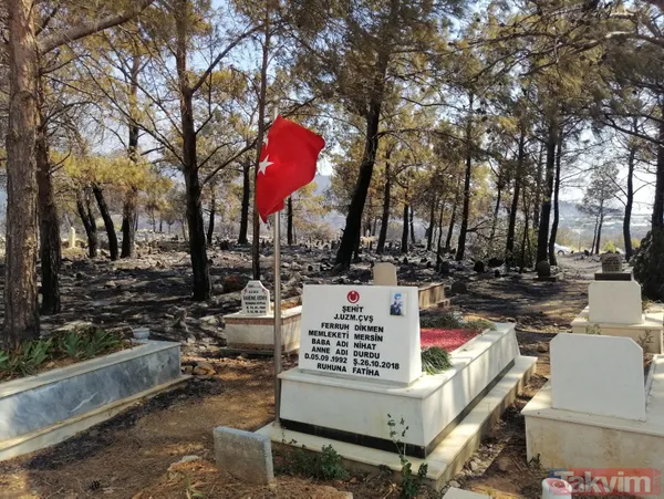 SON DAKİKA: Mersin Silifke'deki orman yangınında mezarlık zarar görürken şehidin kabri ve Türk bayrağı yanmadı - 5