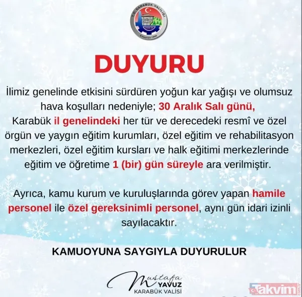 Karabük'te Kar Tatili: Okullar 30 Aralık'ta Kapalı Karabük Valiliği, İl Genelinde Etkili Olan Yoğun Kar Yağışı Nedeniyle Eğitime Bir Gün Ara Verildiğini...