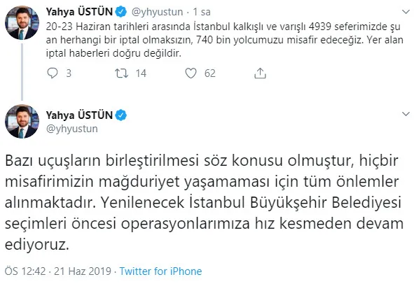 '23 Haziran tarihli uçuşlar' iptal haberlerine THY'den açıklama-1