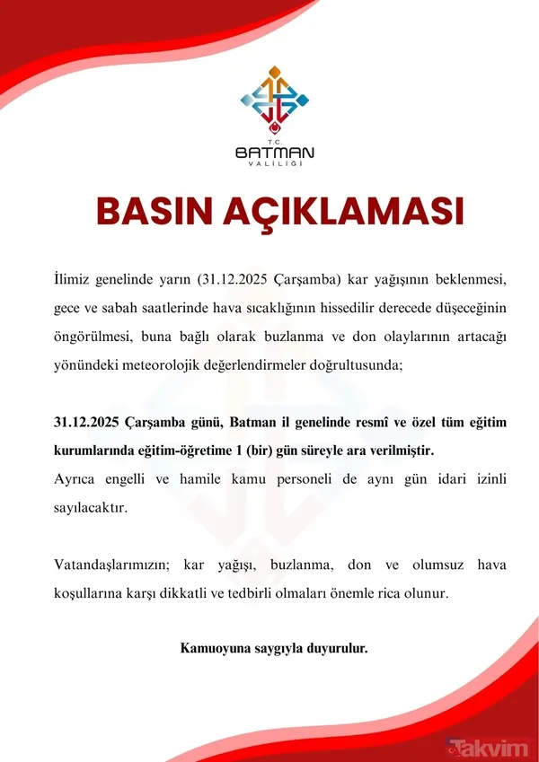 Batman Valiliği Duyurdu "İlimiz Genelinde Yarın (31.12.2025 Çarşamba) Kar Yağışının Beklenmesi, Gece Ve Sabah Saatlerinde Hava Sıcaklığının Hissedilir Derecede...